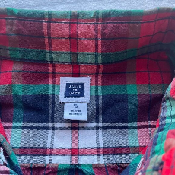 Boys Red & Green Plaid Button-Up Shirt By Janie And Jack Size 5 100% Cotton - Picture 4 of 5